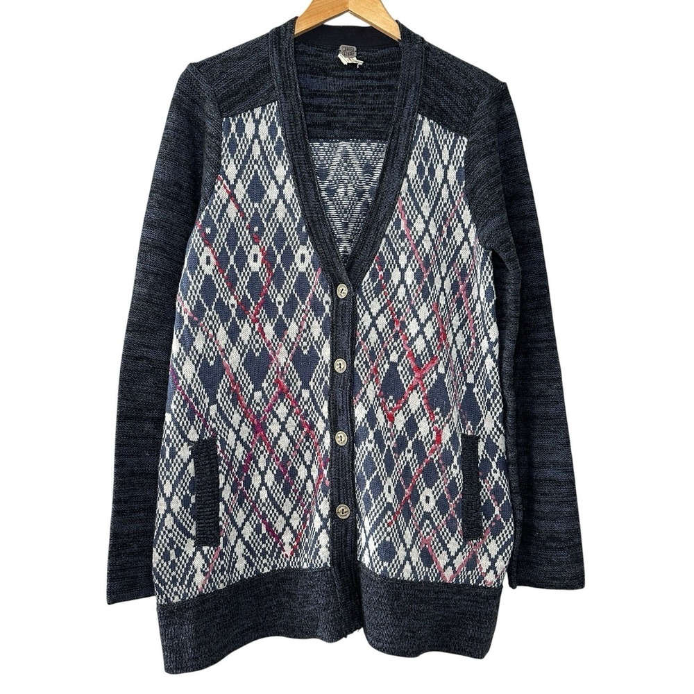Free People Foxtrot Argyle Knit Cardigan Sweater Women's L Wool Blend‎ Preppy - Picture 2 of 14